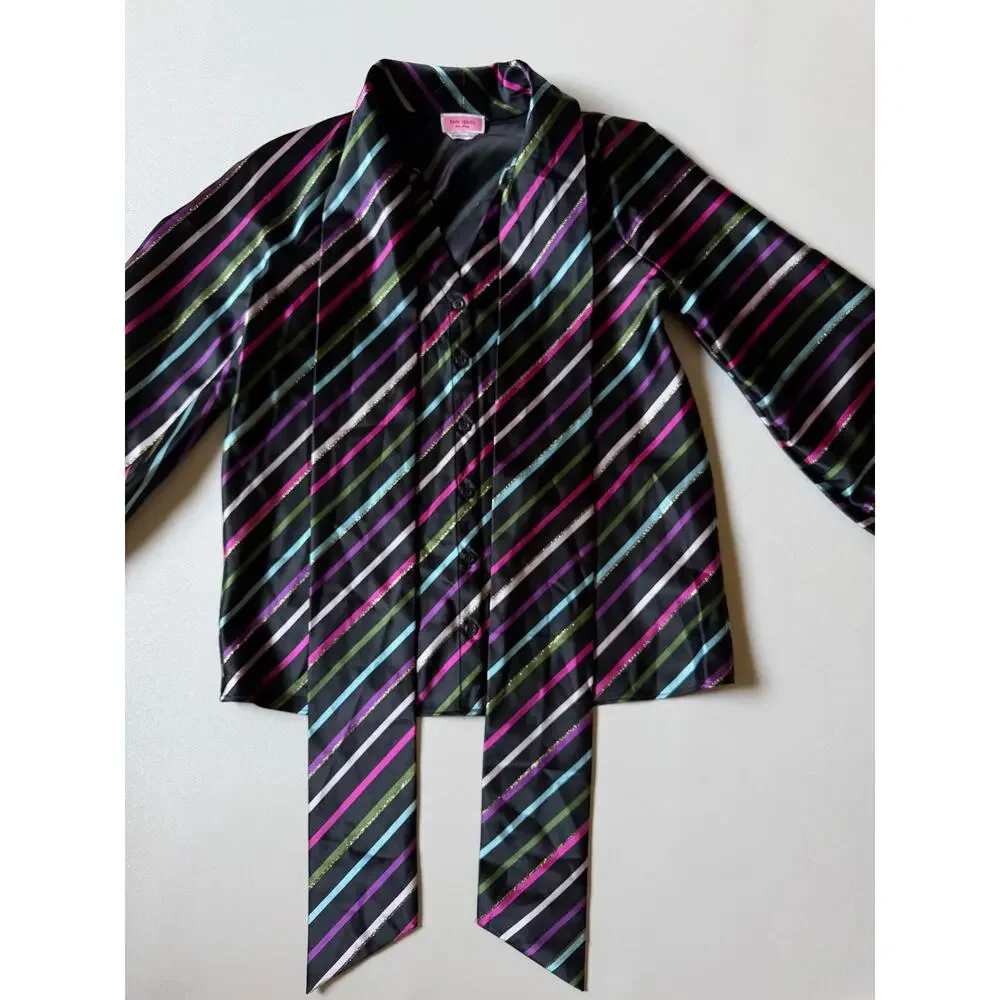 Kate Spade Women's Black Multi Party Stripe Tie-Neck Blouse Size XS